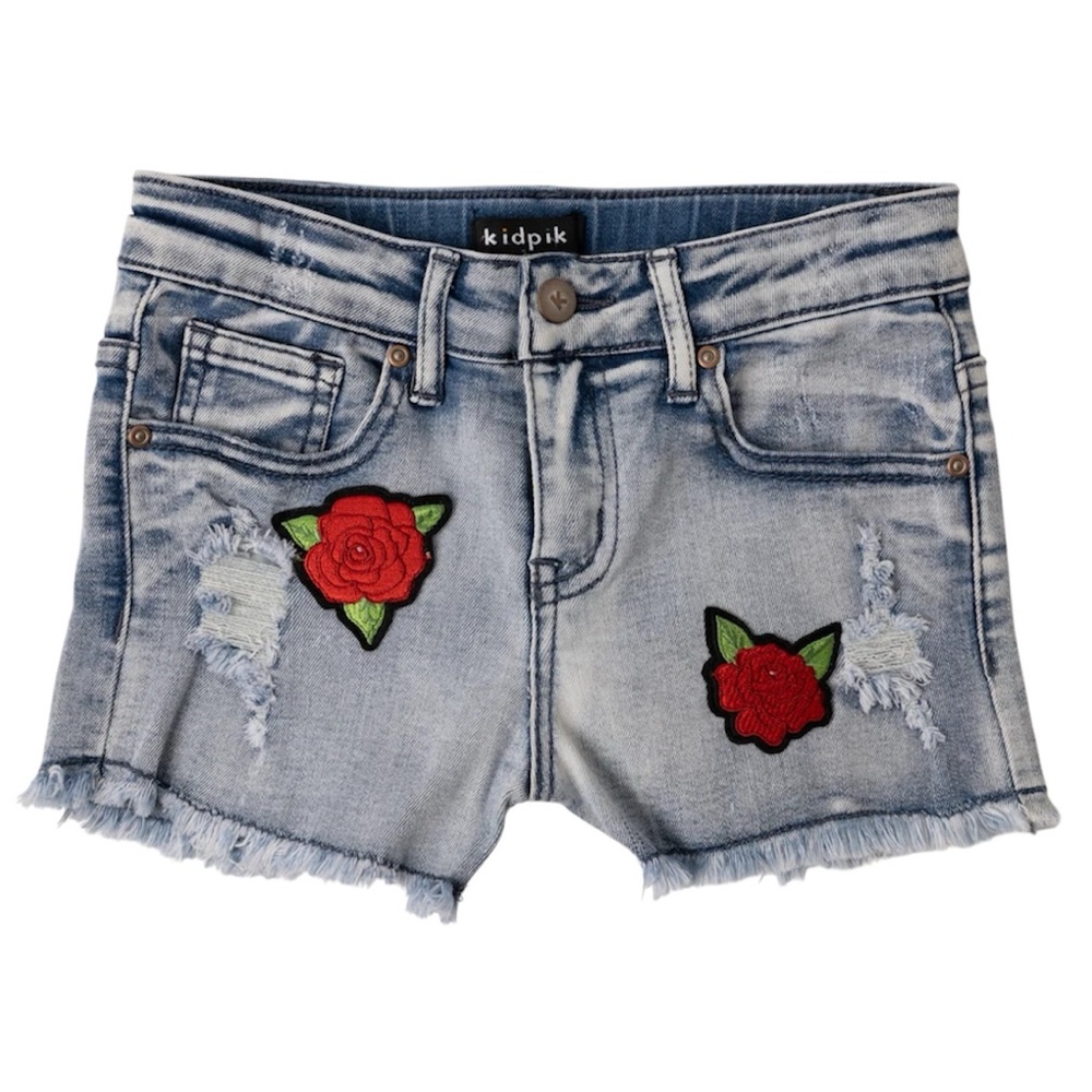 Kidpik Rose Patched Denim Short - Beach Bum Wash - Size 6
